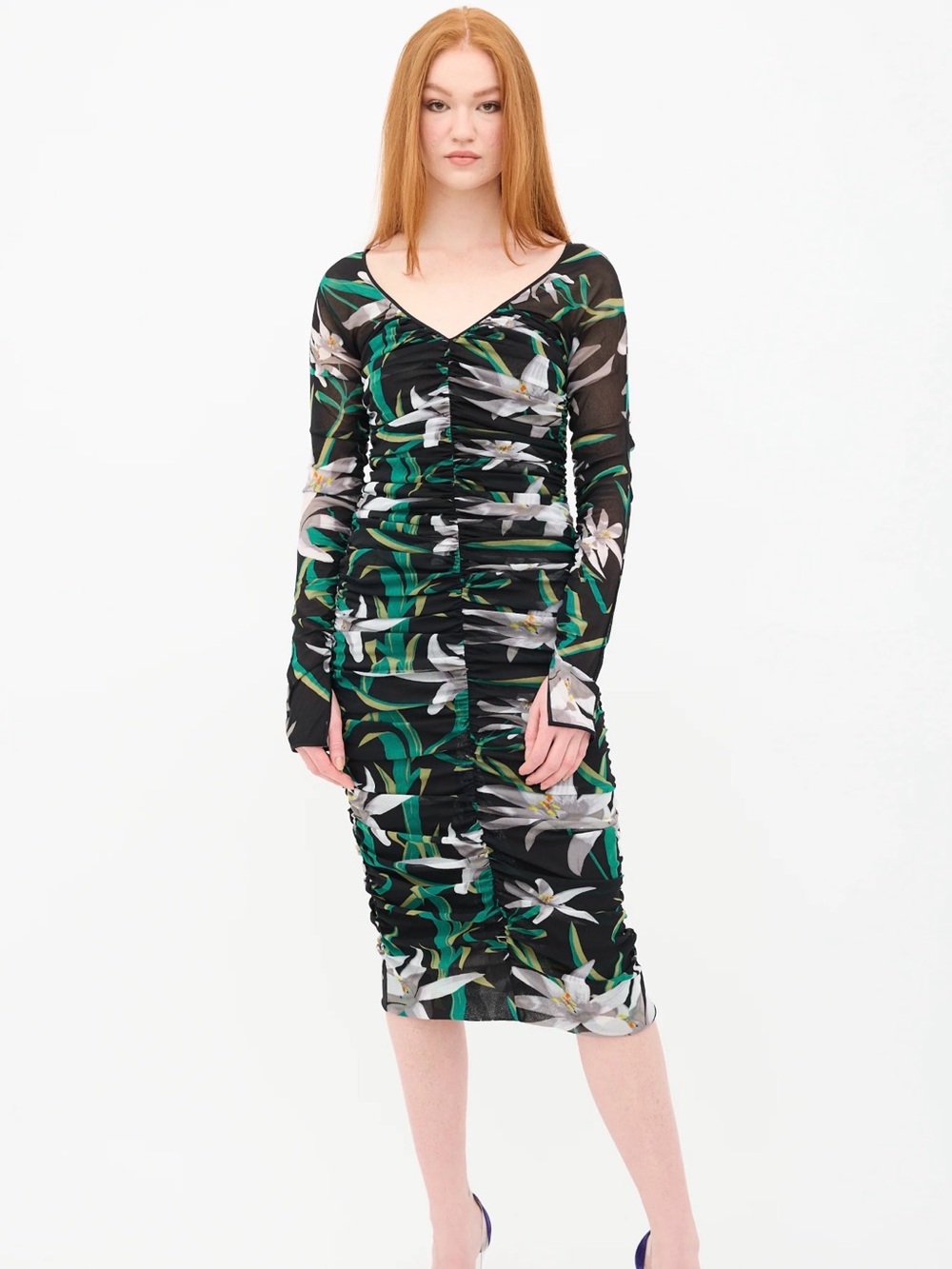Diane Von Furstenberg Black, Green & White Floral Ruched Long-Sleeve Dress